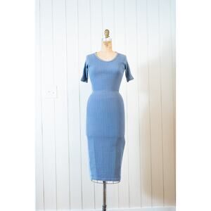 Vintage Y2K 90s Dusty Blue Bodycon Maxi Dress, Scoop Neck T-Shirt Grunge Small